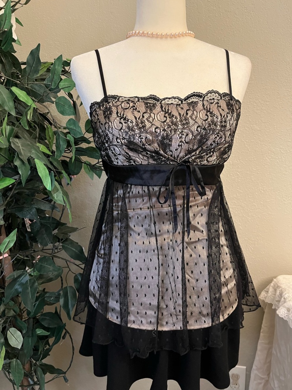 Studio Y Black Lace & Nude Satin Babydoll Camisole
